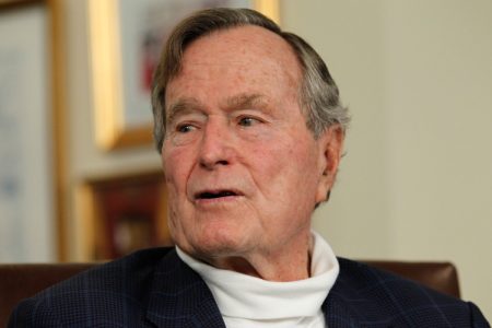 FILE - DECEMBER 26: Former U.S. President George H.W. Bush has been in and out of the hospital in Houston since early November his spokesman said on December 26, 2012, and spent Christmas in the hospital with a rising fever.  HOUSTON, TX - MARCH 29:   Former President George H.W. Bush talks with Republican presidential candidate, former Massachusetts Gov. Mitt Romney at Bush's office on March 29, 2012 in Houston, Texas. Mitt Romney received an endorsement from Former President George H.W. Bush and Barbara Bush during the meeting.  (Photo by Tom Pennington/Getty Images)