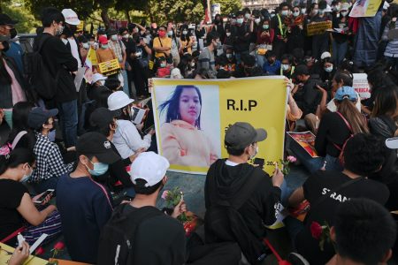 Protesters attend a memorial for Mya Thwate Thwate Khaing, a young woman protester who was shot in the head in Naypyitaw when police tried to disperse a crowd during protests against the military coup, in Yangon, Myanmar, February 20, 2021. REUTERS/Stringer