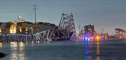 A view of the Singapore-flagged container ship 'Dali' after it collided with a pillar of the Francis Scott Key Bridge in Baltimore, Maryland, U.S., in this picture released on March 26, 2024. Harford County MD Fire & EMS/Handout via REUTERS  THIS IMAGE HAS BEEN SUPPLIED BY A THIRD PARTY NO RESALES. NO ARCHIVES MANDATORY CREDIT