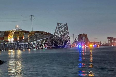 A view of the Singapore-flagged container ship 'Dali' after it collided with a pillar of the Francis Scott Key Bridge in Baltimore, Maryland, U.S., in this picture released on March 26, 2024. Harford County MD Fire & EMS/Handout via REUTERS  THIS IMAGE HAS BEEN SUPPLIED BY A THIRD PARTY NO RESALES. NO ARCHIVES MANDATORY CREDIT