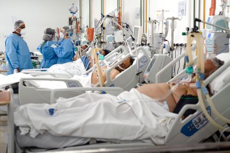 Unconscious and intubated Covid-19 patients are treated in Vila Penteado Hospital's ICU, in the Brasilandia neighborhood of Sao Paulo, on June 21, 2020. According ta a study published in June 21st, Brazil's public hospitals, like Vila Penteado, had almost 40% death rates from the new coronavirus, the double from private hospitals. Brasilandia is one of the neighborhhods in Sao Paulo with highest number of deaths from Covid-19 (Photo by Gustavo Basso/NurPhoto via Getty Images)