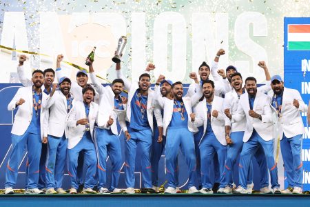 DUBAI, UNITED ARAB EMIRATES - MARCH 09: Harshit Rana of India lifts the ICC Champions Trophy after winning the ICC Champions Trophy 2025 Final between India and New Zealand at Dubai International Stadium on March 09, 2025 in Dubai, United Arab Emirates. (Photo by Matthew Lewis-ICC/ICC via Getty Images)