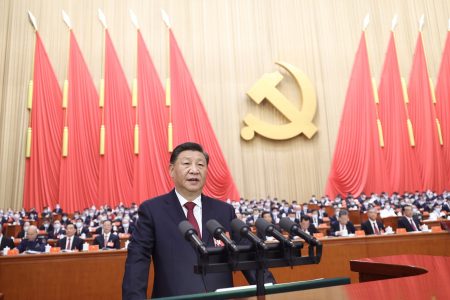 (221016) -- BEIJING, Oct. 16, 2022 (Xinhua) -- Xi Jinping delivers a report to the 20th National Congress of the Communist Party of China (CPC) on behalf of the 19th CPC Central Committee at the Great Hall of the People in Beijing, capital of China, Oct. 16, 2022. The 20th CPC National Congress opened on Sunday. (Xinhua/Ju Peng)