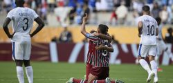 Fluminense's Thiago Santos, left, and Thiago Silva celebrate after the Club World Cup quarterfinal soccer match between Fluminense and Al Hilal in Orlando, Fla., Friday, July 4, 2025. (AP Photo/Phelan M. Ebenhack)