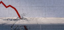 3d rendering of red financial arrows broke concrete floor