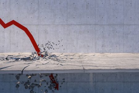 3d rendering of red financial arrows broke concrete floor