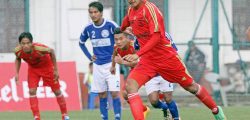 Bimal Gharti Magar of Far Western Football Club kicks spot kick against Jagadamba Lumbini Football Club during their Red Bull National League match at ANFA Complex in Lalitpur on Wednesday. (Credit Image: Udipt Singh Chhetry)
