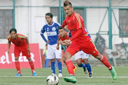 Bimal Gharti Magar of Far Western Football Club kicks spot kick against Jagadamba Lumbini Football Club during their Red Bull National League match at ANFA Complex in Lalitpur on Wednesday. (Credit Image: Udipt Singh Chhetry)