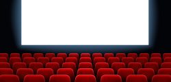 Movie premiere event at cine theatre. Cinema white blank screen at dark movie hall interior with empty red seats vector background