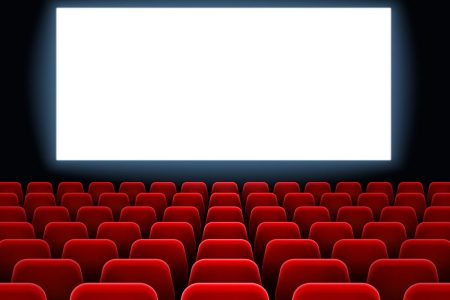 Movie premiere event at cine theatre. Cinema white blank screen at dark movie hall interior with empty red seats vector background