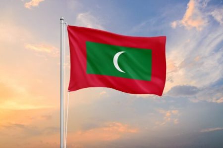 Maldives,Flag,Waving,On,Sundown,Sky