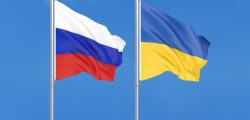 Russia vs Ukraine. Thick colored silky flags of Russia and Ukraine. 3D illustration on sky background. â Illustration