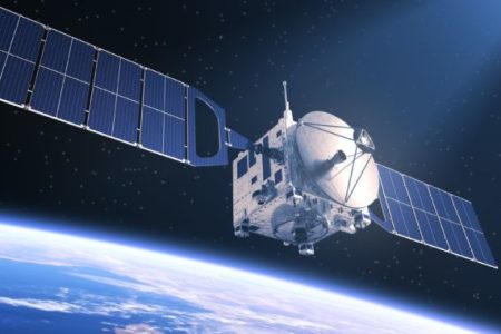 Satellite In The Rays Of Light. 3D Scene.