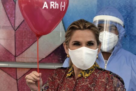 Bolivian President Jeanine Áñez is pictured before donating blood at the presidential palace in La Paz last month amid the COVID-19 pandemic.