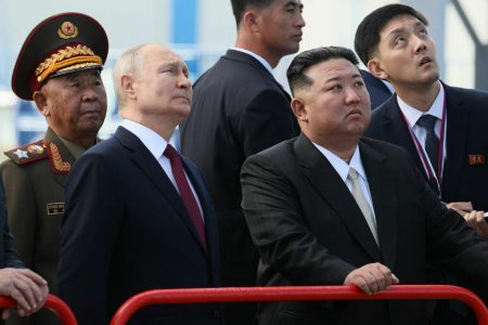 In this pool photo distributed by Sputnik agency, Russia's President Vladimir Putin (centre L) and North Korea's leader Kim Jong Un (centre R) visit the Vostochny Cosmodrome in Amur region on September 13, 2023. Russian President Vladimir Putin and North Korean leader Kim Jong Un both arrived at the Vostochny Cosmodrome in Russia's Far East, Russian news agencies reported on September 13, ahead of planned talks that could lead to a weapons deal. (Photo by Mikhail Metzel / POOL / AFP) (Photo by MIKHAIL METZEL/POOL/AFP via Getty Images)