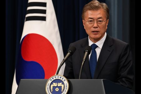 SEOUL, SOUTH KOREA - MAY 10:  South Korea's new President Moon Jae-In speaks during a press conference at the presidential Blue House on May 10, 2017 in Seoul, South Korea. Moon Jae-in of Democratic Party, was elected as the new president of South Korea in the election held on May 9, 2017.  (Photo by Kim Min-Hee-Pool/Getty Images)
