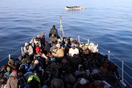 Migrants are seen as they are rescued by Libyan coast guards in the Mediterranean Sea off the coast of Libya, January 15, 2018. Picture taken January 15, 2018. REUTERS/Hani Amara - RC18027683D0