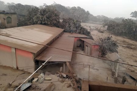 (180604) -- CHIMALTENANGO, June 4, 2018 (Xinhua) -- Photo taken on June 3, 2018, shows houses covered by ashes during the eruption of the "Volcan de Fuego", in Acatenango, Chimaltenango Department, Guatemala. At least seven people have been killed and 296 others injured in Guatemala as a highly active volcano near the country's capital erupted for the second time this year, authorities said Sunday. (Xinhua/Prensa Libre) (rtg) (ah)