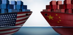 China United States trade and American tariffs as two opposing cargo ships as an economic  taxation dispute over import and exports concept as a 3D illustration.