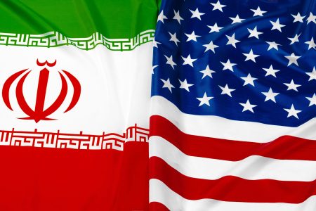Flag of Iran together with flag of the United States of America