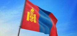 Mongolia flag waving in the blue sky in the wind