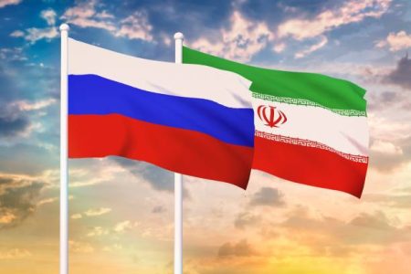 Relationship between the Russia and the Iran. Two flags of countries on heaven with sunset. 3D rendered illustration.