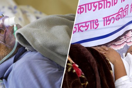 Dr. Govinda K.C., who is on a hunger strike, lies on a hospital bed at Teaching Hospital in Kathmandu, Nepal,  Wednesday, April 1, 2015. Thousands of doctors in Nepal have stayed away from their work at clinics and hospitals to support the doctor who has been on a hunger strike for the past 10 days demanding reforms in medical education and services. (AP Photo/Niranjan Shrestha)