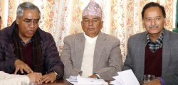 (From left) Nepali Congress senior leader Sher Bahadur Deuba, acting President Ram Chandra Paudel and General Secretary Krishna Prasad Sitaula at a party meeting, in Kathmandu, on Sunday, February 14, 2016. Photo: RSS