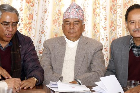 (From left) Nepali Congress senior leader Sher Bahadur Deuba, acting President Ram Chandra Paudel and General Secretary Krishna Prasad Sitaula at a party meeting, in Kathmandu, on Sunday, February 14, 2016. Photo: RSS