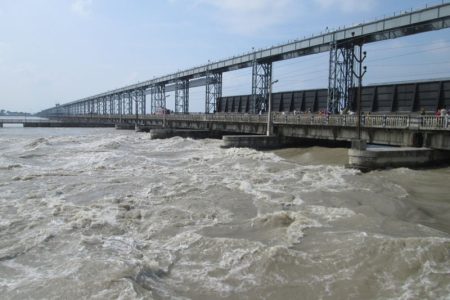 Swollen Saptakoshi River after incessant rainfall at the Koshi Barrage in Saptari-Sunsari border, on Saturday, July 23, 2016. Photo: Byas Shankar Upadhyaya