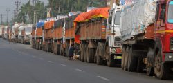 Indian trucks loaded with goods are seen parked near the India-Nepal border at Panitanki on November 5, 2015. Nepalese police have tried to forcibly break up a border blockade on the Nepalese side of the border that was set up by activists angry over a new constitution, which has led to crippling fuel shortages and cut off access to other vital supplies in the landlocked Himalayan nation.  AFP PHOTO/Diptendu DUTTA        (Photo credit should read DIPTENDU DUTTA/AFP/Getty Images)