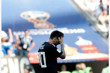 (180616) -- MOSCOW, June 16, 2018 (Xinhua) -- Lionel Messi of Argentina reacts during a group D match between Argentina and Iceland at the 2018 FIFA World Cup in Moscow, Russia, June 16, 2018. The match ended in a 1-1 draw. (Xinhua/Cao Can)