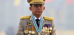 Myanmar's junta chief Senior General Min Aung Hlaing, who ousted the elected government in a coup on February 1, presides an army parade on Armed Forces Day in Naypyitaw, Myanmar, March 27, 2021. REUTERS/Stringer