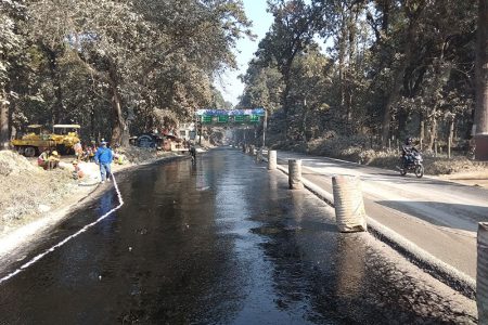 Preparations underway to black top Narayangadh-Muglin road section, on Tuesday, January 03, 2018. Photo: Tilak Ram Rimal