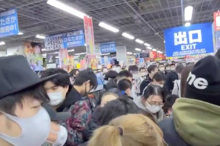 Shoppers crowd the Yodobashi Camera store hoping to purchase Playstation 5 in Akihabara, Tokyo, Japan January 30, 2021 in this still image obtained from social media video. Dave Gibson/Twitter @AJapaneseDream via REUTERS ATTENTION EDITORS - THIS IMAGE HAS BEEN SUPPLIED BY A THIRD PARTY. MANDATORY CREDIT. NO RESALES. NO ARCHIVES