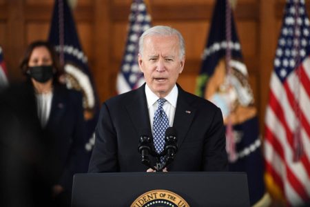 US President Joe Biden speaks, flanked by US Vice President Kamala Harris, during a listening session with Georgia Asian American and Pacific Islander community leaders at Emory University in Atlanta, Georgia on March 19, 2021. (Photo by Eric BARADAT / AFP)