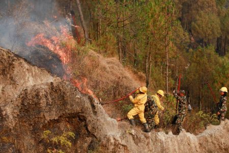 Members of Nepal's army try to control a forest fire at Shivapuri National Park overlooking Kathmandu, as forest fires have raged many areas in Nepal contributing to worst air quality in the bowl shaped Kathmandu, Nepal April 11, 2021. REUTERS/Navesh Chitrakar