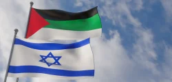 palestine-israel-flags-palestine-flag-israel-flag-with-blue-sky-clouds-scaled