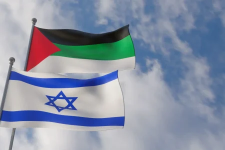 palestine-israel-flags-palestine-flag-israel-flag-with-blue-sky-clouds-scaled