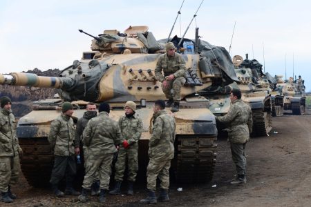 Turkish soldiers are seen near the town of Hassa on the Turkish-Syrian border in Hatay province, Turkey, January 21, 2018. Caglar Ozturk/Dogan News Agency via REUTERS ATTENTION EDITORS - THIS PICTURE WAS PROVIDED BY A THIRD PARTY. NO RESALES. NO ARCHIVE. TURKEY OUT. NO COMMERCIAL OR EDITORIAL SALES IN TURKEY. - RC1310FC5250