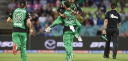 CANBERRA, AUSTRALIA - DECEMBER 21: Sandeep Plamichhane of the Stars celebrates with team mates after taking the wicket of Shane Watson of the Thunder during the Sydney Thunder v Melbourne Stars Big Bash League Match at Manuka Oval on December 21, 2018 in Canberra, Australia. (Photo by Brett Hemmings/Getty Images)