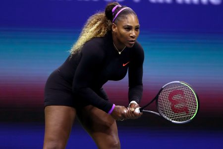 NEW YORK, NEW YORK - AUGUST 26:  Serena Williams of the United States reacts during her Women's Singles first round match against Maria Sharapova of Russia during day one of the 2019 US Open at the USTA Billie Jean King National Tennis Center on August 26, 2019 in the Flushing neighborhood of the Queens borough of New York City.  (Photo by Matthew Stockman/Getty Images)
