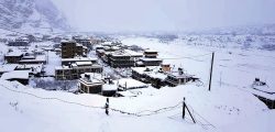 Jomsom bazaar blanketed in snow, in Mustang, on Saturday.