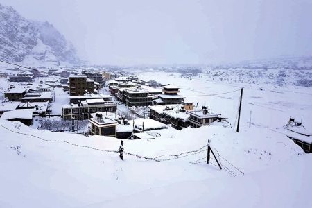 Jomsom bazaar blanketed in snow, in Mustang, on Saturday.