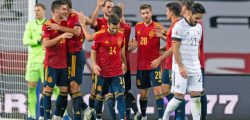 SEVILLE, SPAIN - NOVEMBER 17: (BILD ZEITUNG OUT) Ferran Torres of Spain celebrates after scoring his team's fourth goal during the UEFA Nations League group stage match between Spain and Germany at Estadio de La Cartuja on November 17, 2020 in Seville, Spain. (Photo by Javier Montano/DeFodi Images via Getty Images)