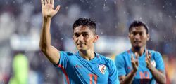 Mumbai: India player Sunil Chhetri (Blue jersey no. 11) greets the spectators after the team's victory against Kenya during the Hero Intercontinental football Cup, in Mumbai on Monday, June 04, 2018. (PTI Photo/Mitesh Bhuvad)(PTI6_4_2018_000217B)