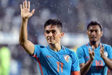 Mumbai: India player Sunil Chhetri (Blue jersey no. 11) greets the spectators after the team's victory against Kenya during the Hero Intercontinental football Cup, in Mumbai on Monday, June 04, 2018. (PTI Photo/Mitesh Bhuvad)(PTI6_4_2018_000217B)