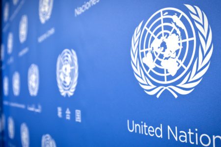 U.N. logo pattern a press conference background at the United Nations headquarters, Tuesday, Sept. 3, 2013.   (AP Photo/Bebeto Matthews)